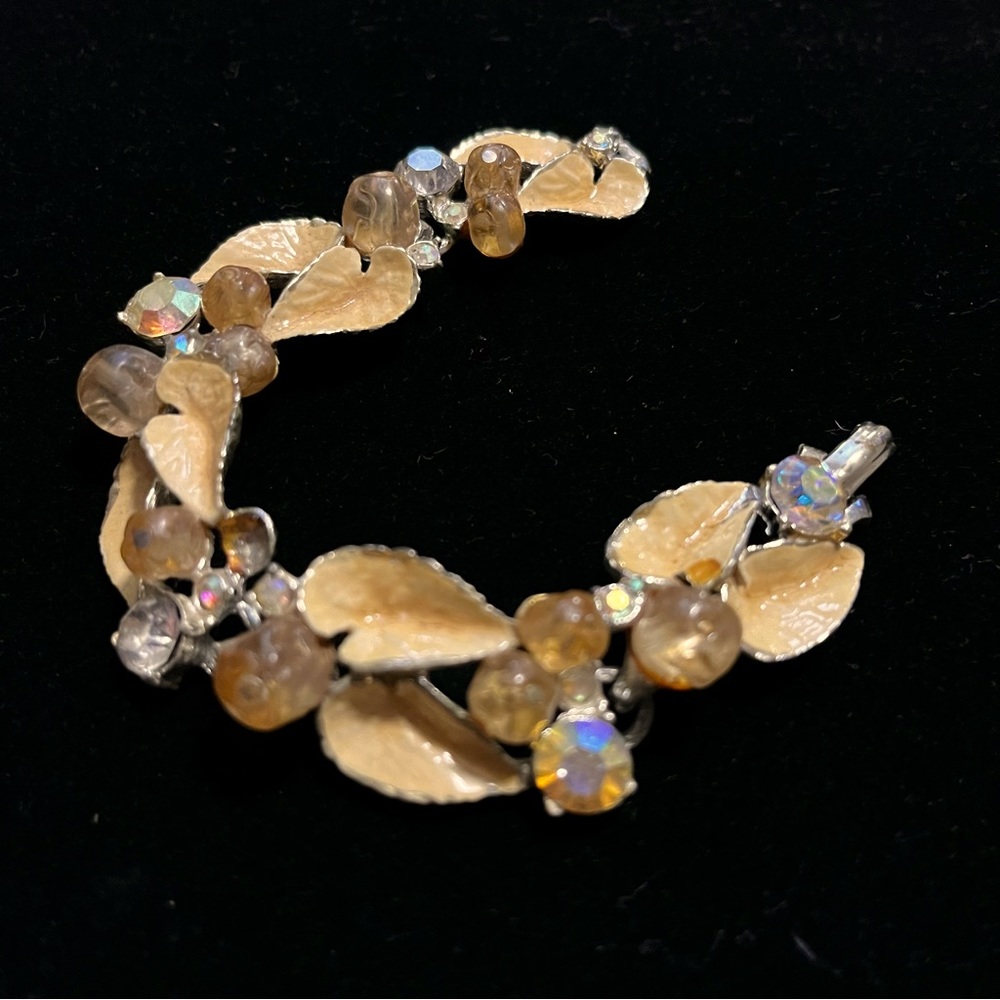 Vintage Unsigned Schiaparelli Yellow Enamel AB Rhinestone Silver Tone Bracelet